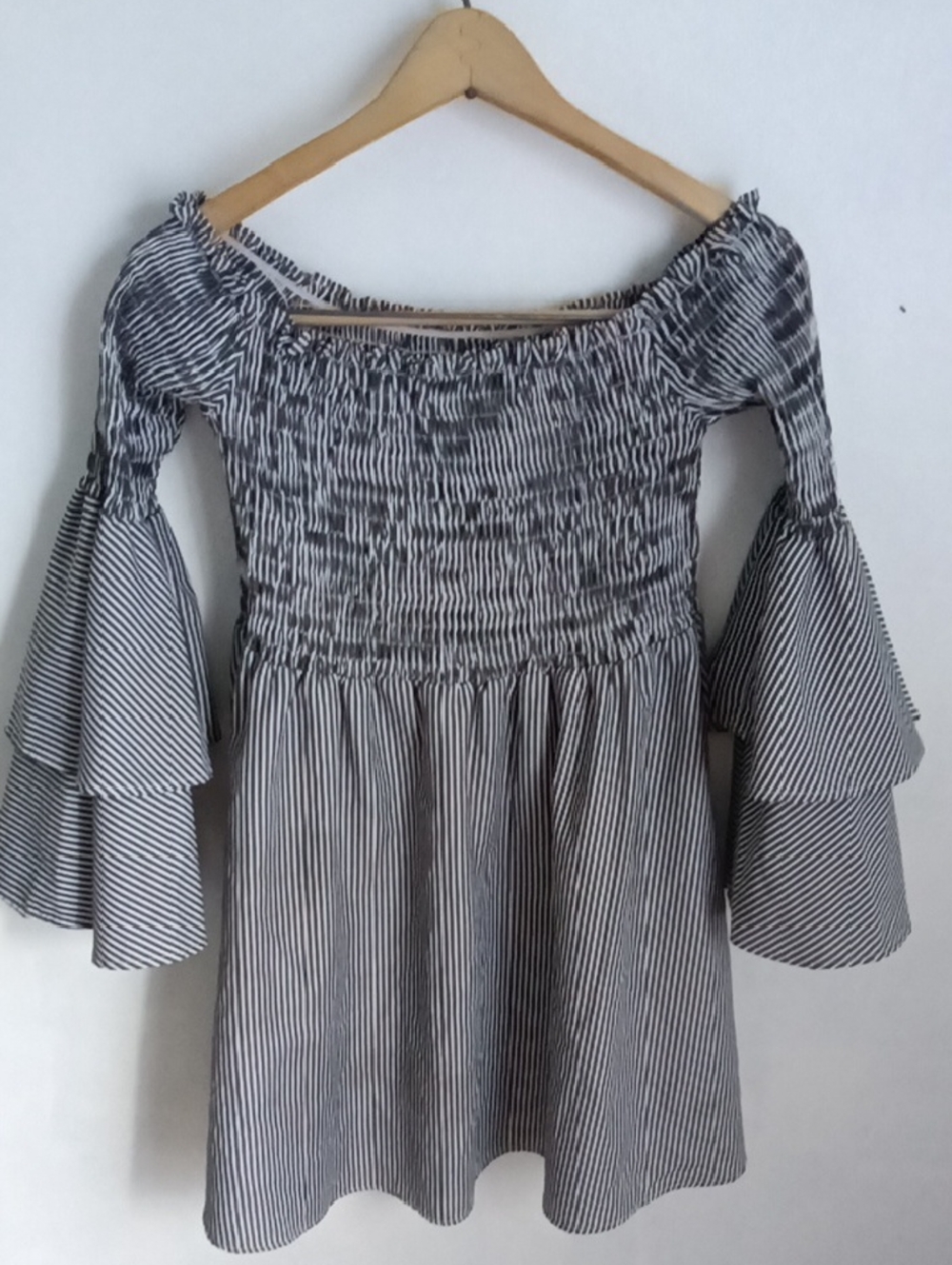 Striped Off-Shoulder Midi Dress with Tiered Bell Sleeves - Black/White